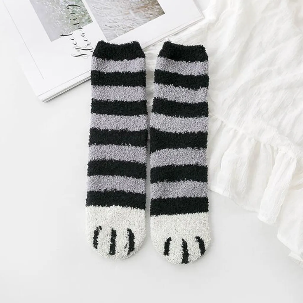 Женские зимние теплые носки, носки для сна, женская мода, симпатичная кошачья лапа, коралловые утолщенные хлопковые носки средней длины# y4