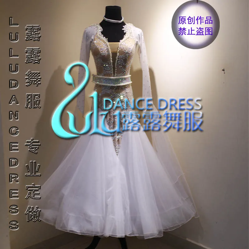

Competition Ballroom dance dress,tango salsa samba dance dress,latin dance wear, White Lace + Pearl Ballroom Dance Dress