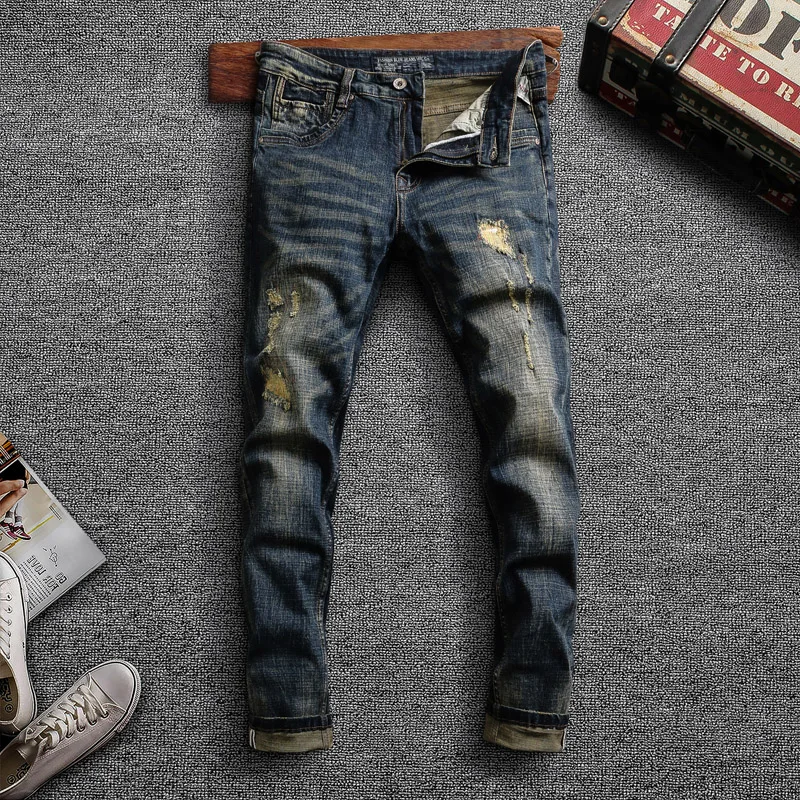 

Italian Style Fashion Men Jeans Vintage Retro Blue Elastic Slim Fit Ripped Denim Pants Streetwear Patchwork Designer Trousers