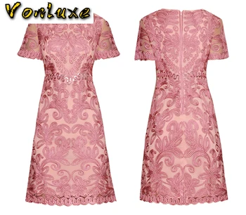 

Elegant O Neck Short Sleeve Luxury Floral Embroidery Dress Women Pink Red Color Slim Office Ladies Formal Pencil Mini Dresses