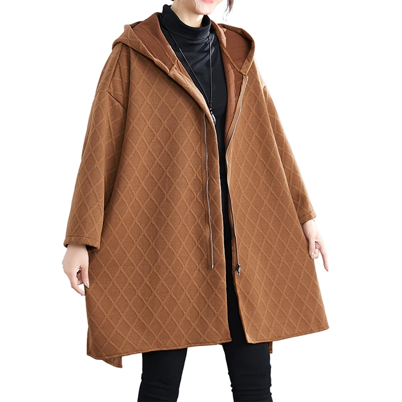 DIMANAF осень зима негабаритных женщин куртка пальто женская верхняя одежда с капюшоном Винтаж плед свободный длинный рукав на молнии кардиган одежда - Цвет: AiY1926CN-tuo