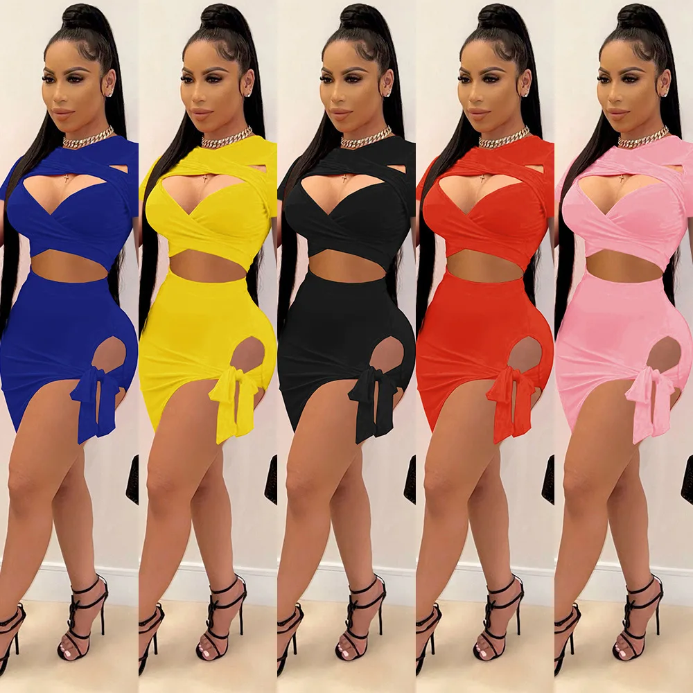 Solid Women 2 Piece Set Cutout Crop Top + Irregular Bandage Mini Skirt Sexy Club Party Outfits 2021 Summer Activewear Tracksuits