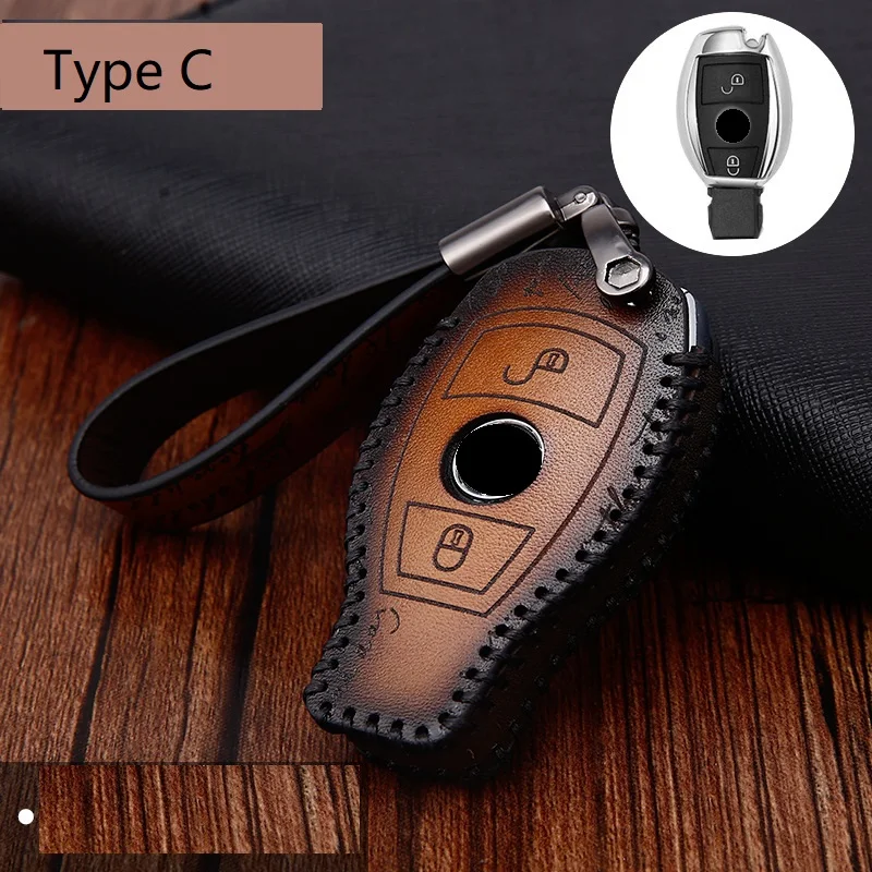 Type C brown Чехол для ключей в стиле ретро, брелок для ключей, брелок для Mercedes Benz AMG W203 W210 W211 W124 W202 W204 W205 W212 W176 CLS CLA - Название цвета: Type C brown