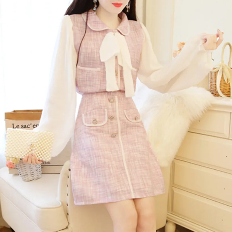 

Fashion Pearls Beading Two Piece Set Women Chiffon Long Sleeve Plaid Tweed Bowknot Pocket Top + Button Mini A-line Skirt Set