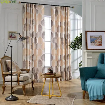 

Europe Style Linen Blockout Cloth Curtain Autumn Leaves Pattern Printed Drapes Cortinas