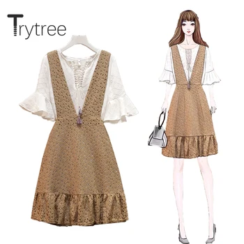

Trytree Summer Women two piece set Casual O-neck Drawstring Flare Sleeve Tops + Dress Hollow Out Ruffles Fashion 2 piece Set