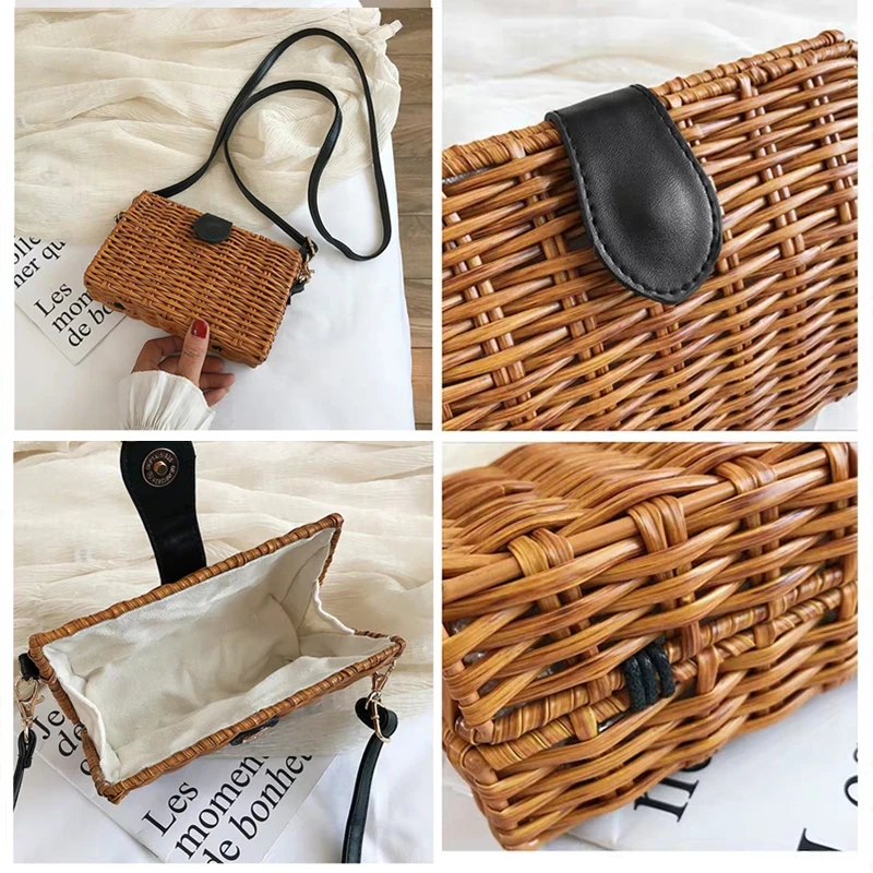 Square bamboo shoulder bag with braided rattan bag Fashion small 