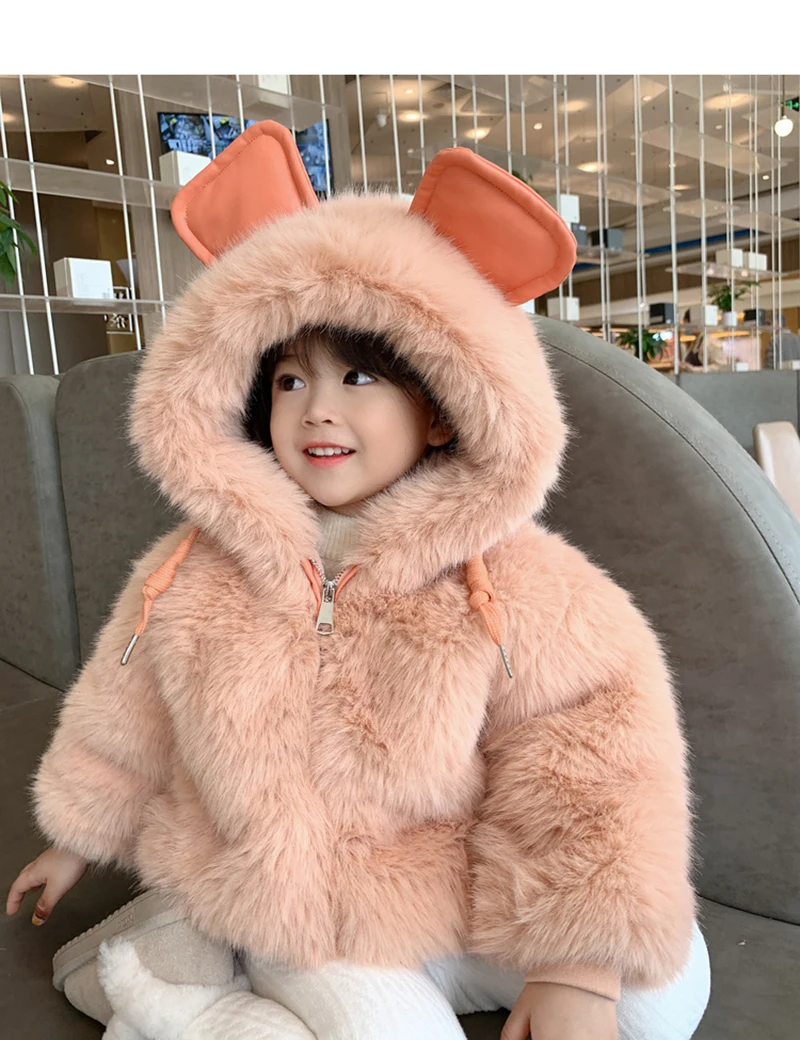 Nette Große Ohren Plüsch Baby Jacke Herbst Winter Warme Faux Pelz Mäntel Für Mädchen Mit Kapuze Schnee Mantel Weiche Kinder Outwear Kleidung – Detail 8