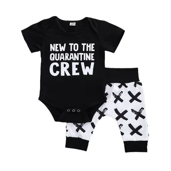 

2Pcs Breathable Baby Boys Outfit Summer Simple Style Short Sleeve Round Collar Letter Romper + Casual Printing Pants Set