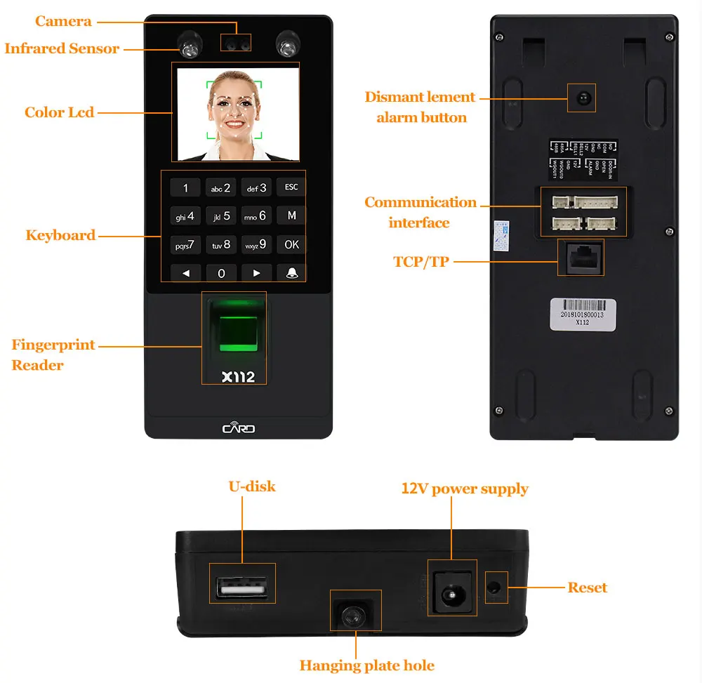 Биометрическая лицевая Клавиатура доступа Системы радиочастотный идентфикатор отпечатков пальцев машина посещаемости времени Поддержка уход за кожей лица отпечатков пальцев пароль TCP/IP Сеть USB