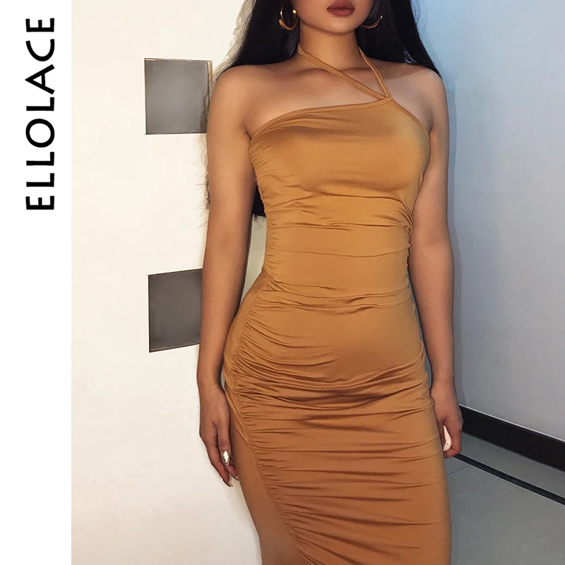 

Ellolace Elegant Bodycon Mini Dress Women Halter Sleeveless Solid Side Slit Dress Party Dress Slim Ruched Basic Dresses 2019 New