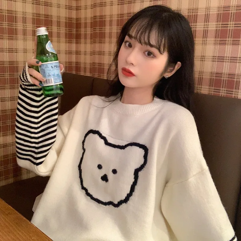 

Korean Sweater and Pullovers Women Winter Clothes Knitted Jumpers Striped Sleeve Patchwork Bear Sweaters Loose Tops Pull