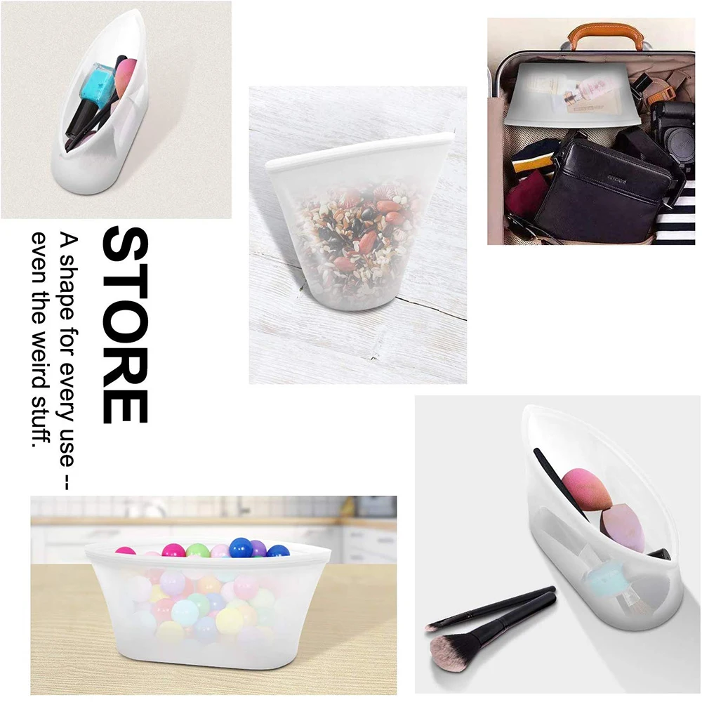 8Pcs Silicone Food Storage Bag Fresh Bowl Fridge Organizer Reusable Stand Up Zips Shut Bag Fruit Vegetable Cup Bag With Seal