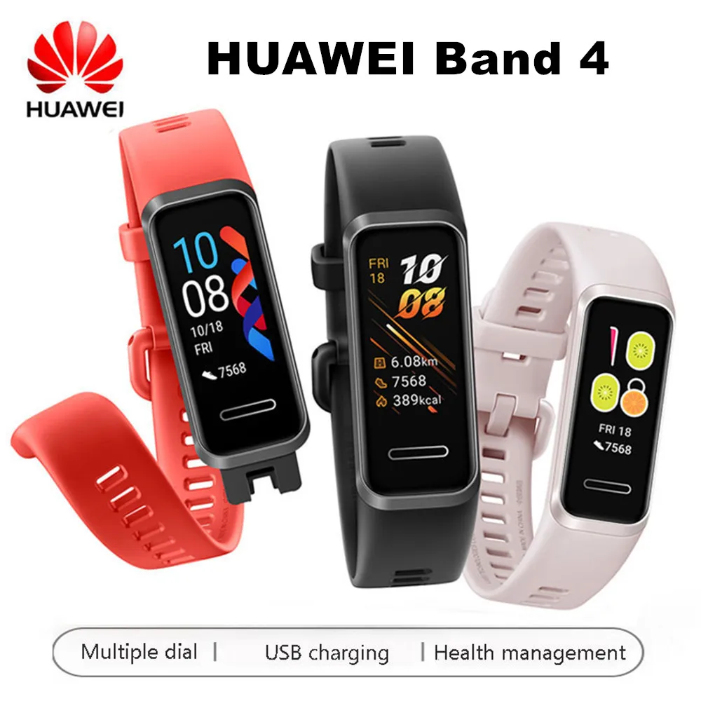 Смарт-часы huawei Band 4, 0,96 дюйма, смарт-браслет, контроль музыки, пульсометр, монитор здоровья, новые часы, циферблат, USB разъем, зарядка, браслет