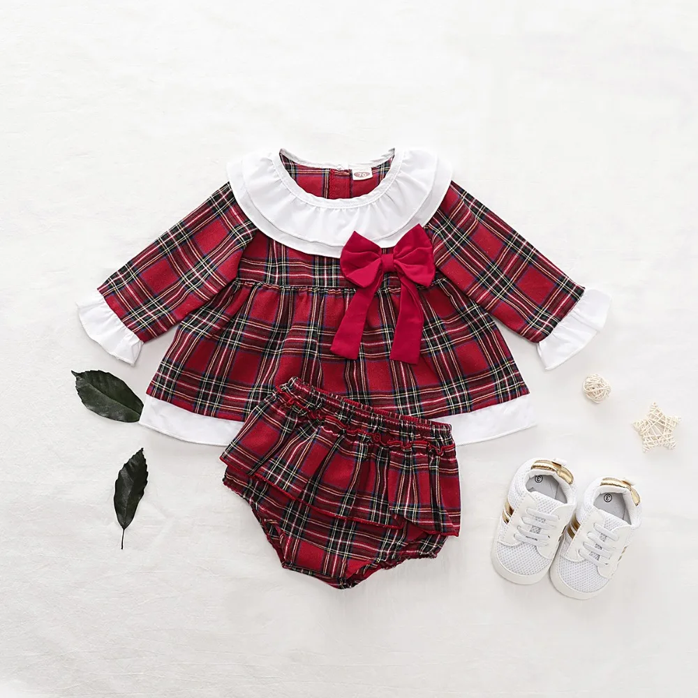 Owligbaby/Новое поступление; Модный осенний костюм в клетку из 2 предметов для девочек; топ+ шорты; Рождественская одежда для малышей