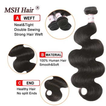 MSH Hair Brazilian Body Wave 3 Bundles With Closure Human Hair Weaves Remy Hair Bundles With 4 6