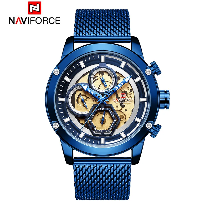 Новинка Naviforce мужские часы синий Скелет циферблат светящиеся мужские s Роскошные наручные часы дизайн кварцевые часы Роскошные мужские наручные часы водонепроницаемые