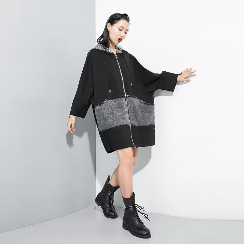 Popular Brand Autumn Clothing New Style Joint Denim Windbreaker Hooded Metallic Decoration Cool Loose-Fit Coat 190261