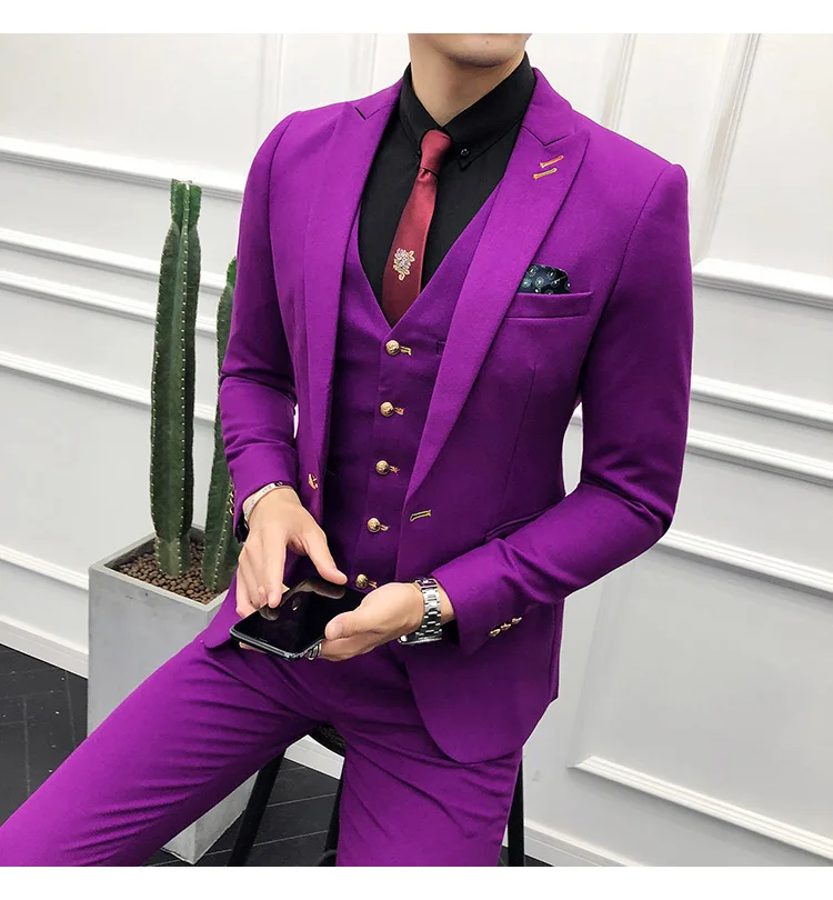 Purple Розовые мужские костюмы, новинка, пальто, брюки, 3 шт, костюмы для мужчин, высокое качество, приталенный, для свадьбы, вечеринки, смокинг, мужской костюм, Ternos - Цвет: Purple