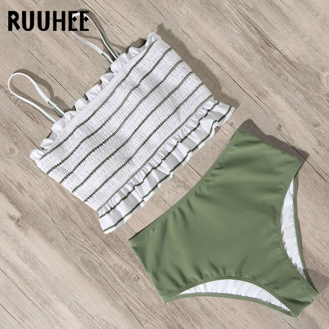 Ruuhee Swimsuit Women Shirred Bandeau Bikini Set Swimwear High