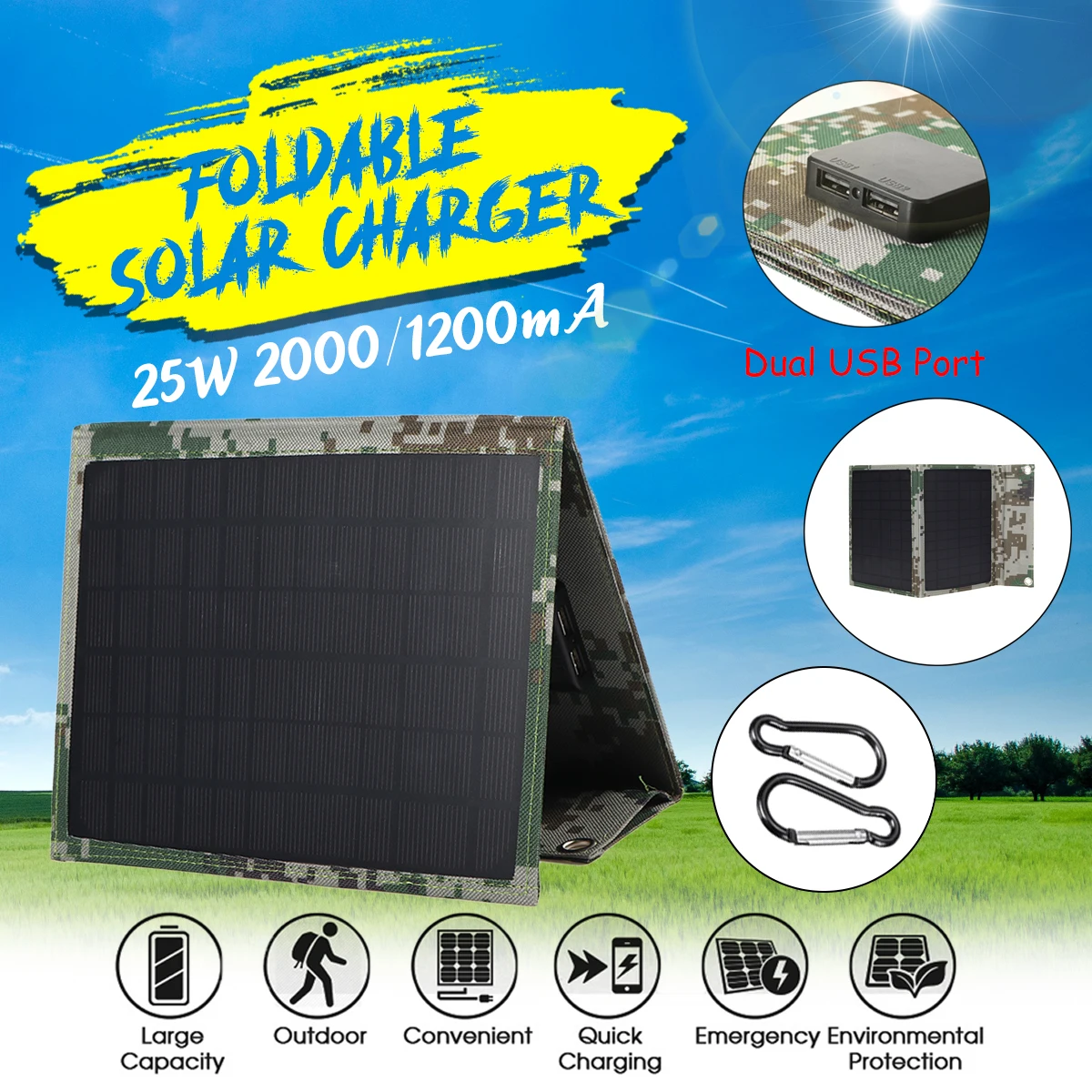 

New Design LEORY 25W 5V Foldable Solar Panel Solar Power Bank Solar Cells Pack with Dual USB Port for Backpack Camping Hiking