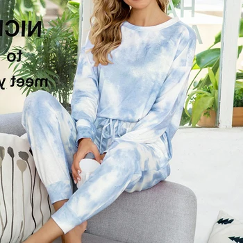 

2pcs Pajamas Autumn Women Homewear Set O-neck Sweatshirt and Long Pants New Tie-Dye 2 Pieces Sets Female Clothing Sleepwear