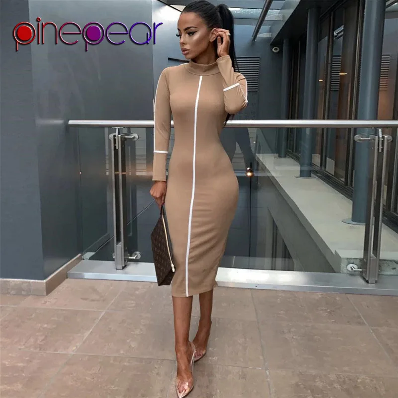 PinePear полосатый Patchwoork с длинным рукавом Водолазка платье женская зимняя модная облегающая спортивная одежда длинные платья Прямая - Цвет: Хаки