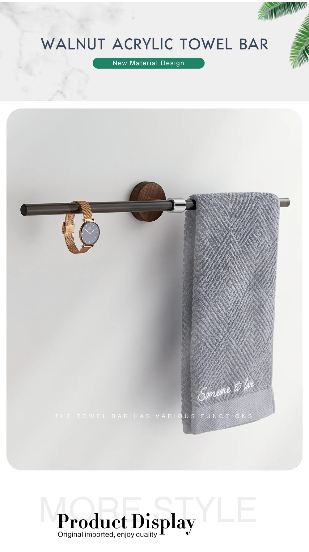 Description Picture 5 of itemBathroom Accessories Acrylic Towel Bar Holder Walnut Gold Towel Hanger Robe Hooks Bathroom Paper Holder Wall Mount WB8868