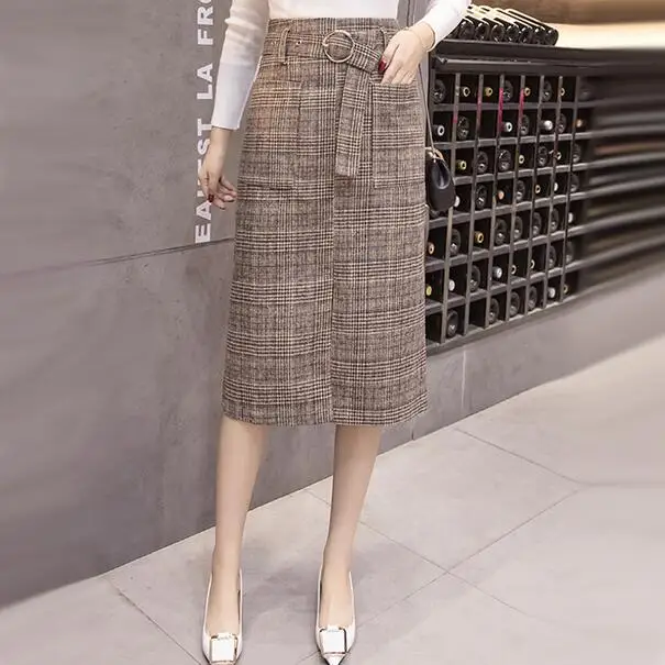 Long woolen warm plaid skirts womens 2020 spring autumn high waist plus size elegant office work skirt saia jupe faldas DC536 |