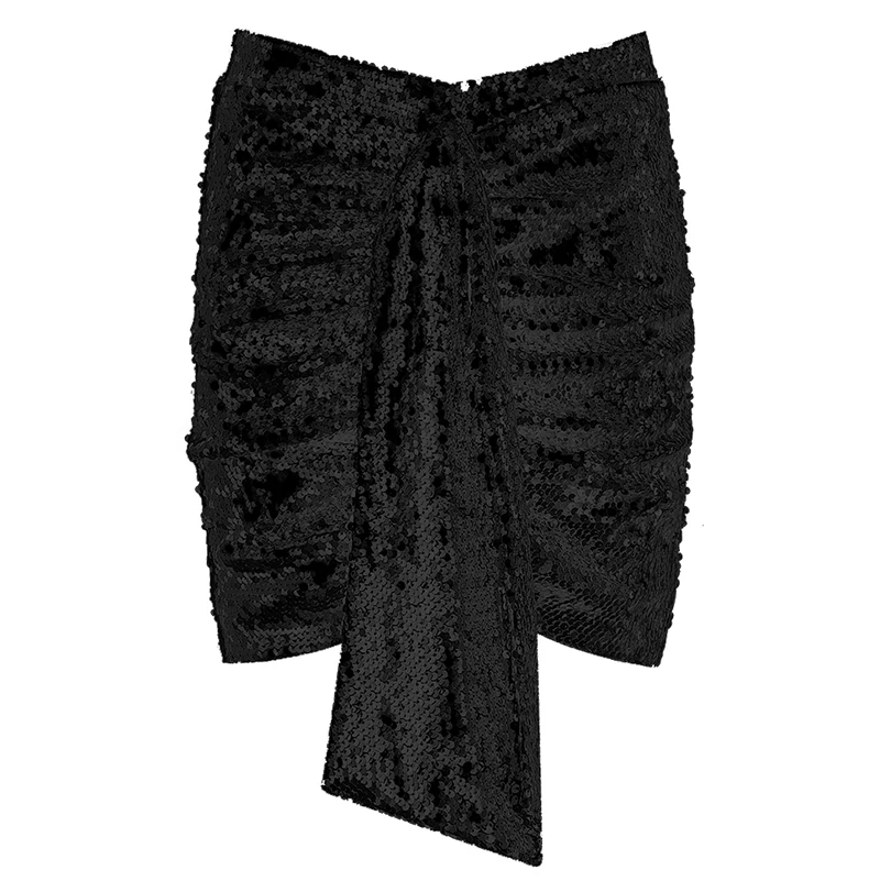 INDRESSME, новинка, женские модные вечерние юбки, сексуальные, с блестками, с кисточками, обернутые, мини, Клубная юбка, Осень-зима, Клубная, облегающая юбка - Цвет: Black