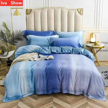 

Iva Show Blue Stripes Bedding Set High Quality Tencel Bed Linen Duvet Cover Solid Color Wide Side Sheets Queen King Size