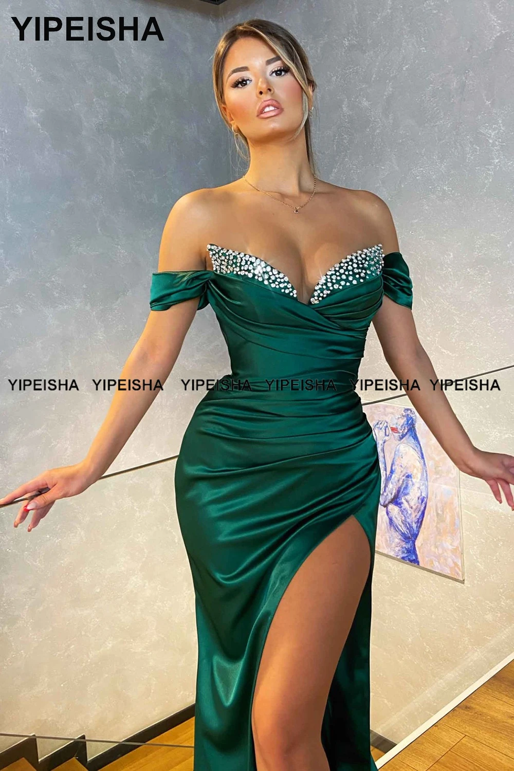 Yipeisha Emerald Green Evening Dresses Off-shoulder Satin Side Split Mermaid Party Dress Long Beaded Formal Banquet Prom Gown