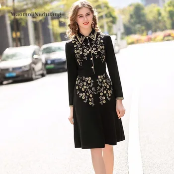 

Xiaomoli Gold thread embroidered flowers Solid Black Retro slim dress new women's dress in spring and summer 2020