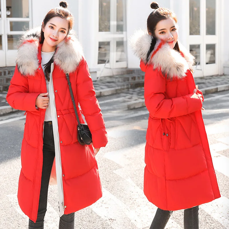 

Cotton Coat Women's 2019 New Style Mid-length Solid Color over-the-Knee Winter Large Fur Collar Slimming Cotton-padded Jacket Co