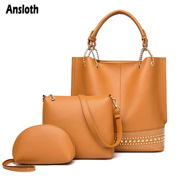 

Ansloth Soft PU Leather Women Bags Waterproof Nylon Shoulder Bags Casual Contain Three-piece Suit Luxury Solid Color Bags HPS973