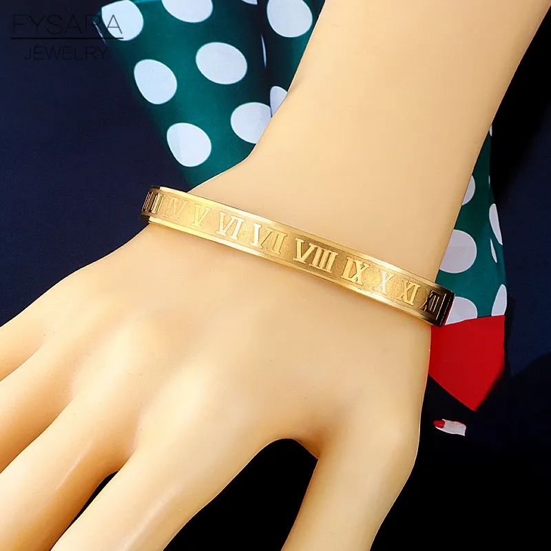 FYSARA Men Women Stainless Steel Rose Gold Color Couple Bracelet Roman Numeral Lover Cuff Bracelet Bangle Wedding Jewelry Gift