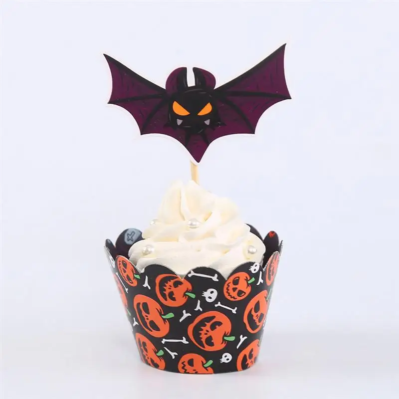 96pcs Cake Decorations Pumpkin Halloween Safe Creative Paper Party Supplies Cupcake Toppers