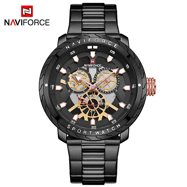 Black NAVIFORCE Топ Роскошные брендовые Новые Модные Качественные военные спортивные мужские часы из нержавеющей стали Кварцевые водонепроницаемые наручные часы с календарем - Цвет: Black