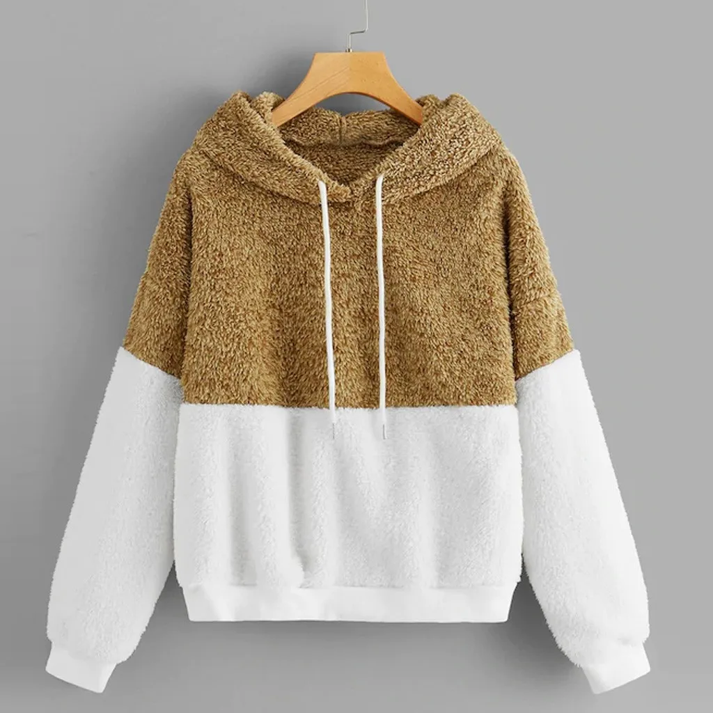 New clothing Fashion Pullovers Women Hoodies Fluffy Color Block Long Sleeve Patchwork Sweatershirts Tops толстовка женская LS*B