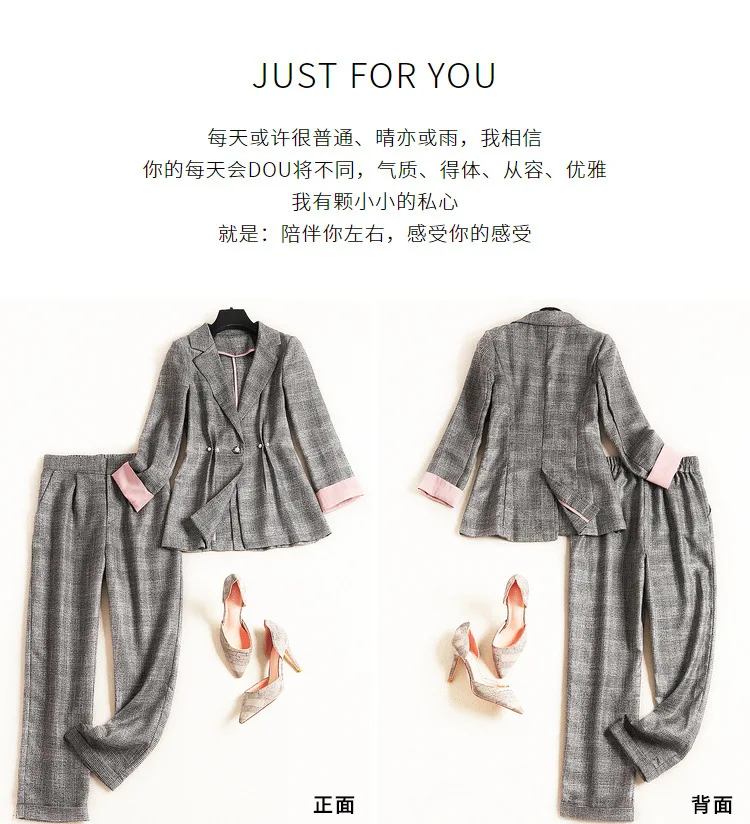 Новинка 2019, осенне-зимний женский модный серый клетчатый Блейзер, костюмы, цветные розовые блейзеры + брюки, комплект из двух предметов