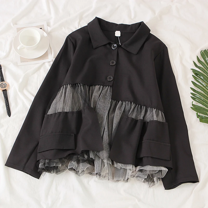 Blusas mujer de moda кепки, кепки в стиле женские сапоги в Корейском стиле; топы и блузки на пуговицах с отложным воротником в стиле пэчворк из сетчатого материала в уличном стиле черные рубашки