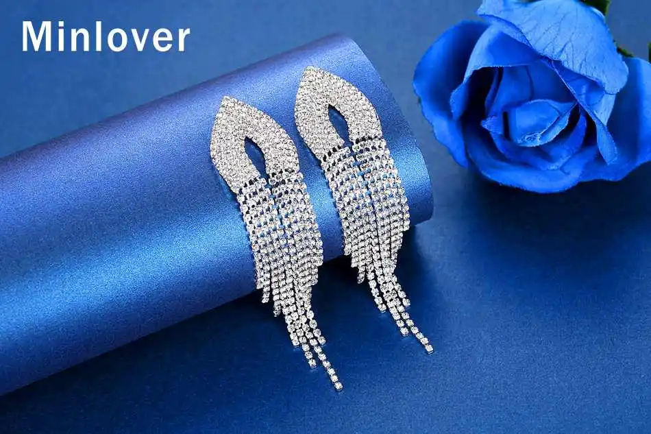 Minlover Роскошные преувеличенные блестящие стразы кисточкой Висячие серьги для женщин Серебряный цвет кристалл свадебные серьги, ювелирные изделия EH1642