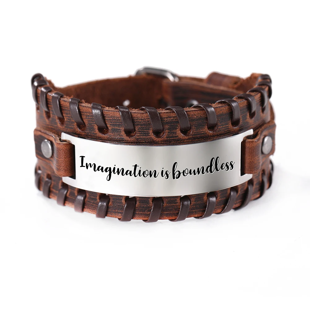 Brown-9 EUEAVAN 5pcs Proverb Positive Black/Brown Leather Bracelet Saying Charm Stainless Steel Jewelry For Men Gift Wholesale - Окраска металла: Brown-9