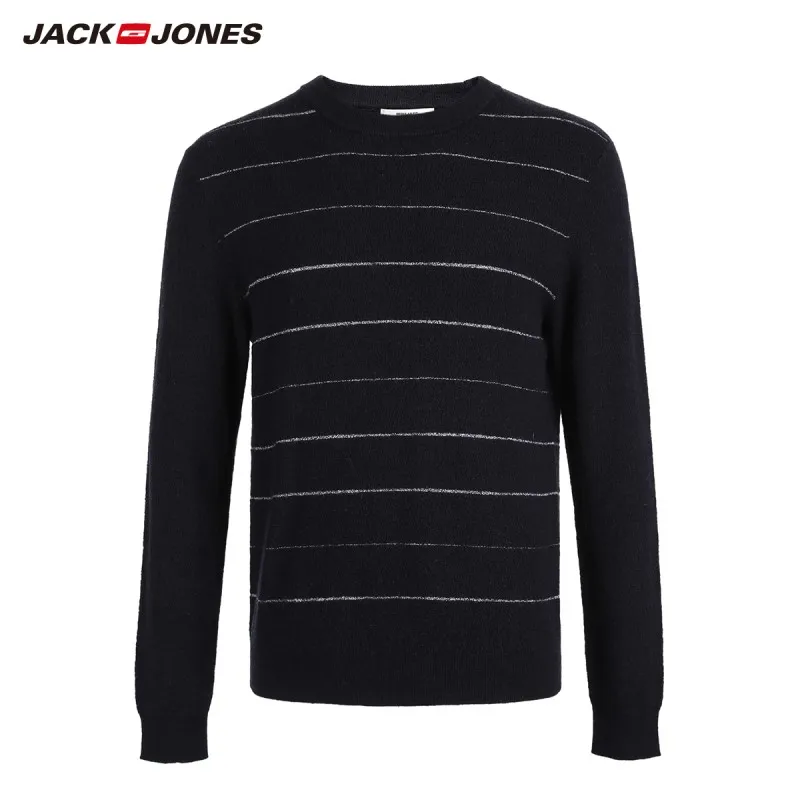 JackJones осенний мужской свитер из шерсти контрастный полосатый свитер с круглым вырезом Повседневный свитер Топ 218324556 - Цвет: MIDNIGHT