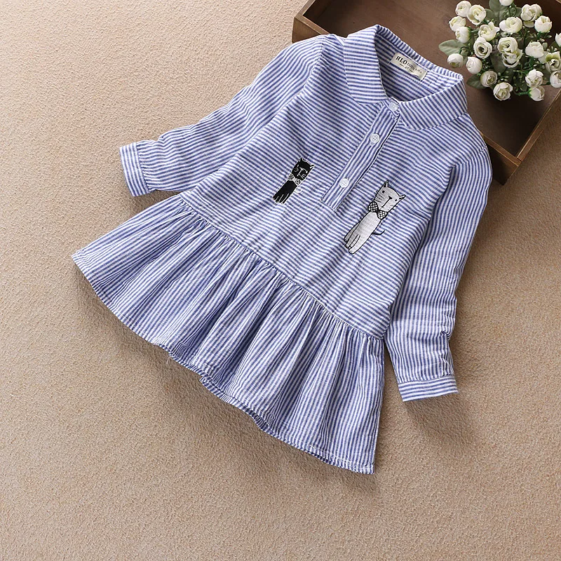 2018 Spring New Style Childrenswear Korean-style Girls Cute Kitten Embroidered Shirt Girls Stripes Long Sleeve Shirt Dress