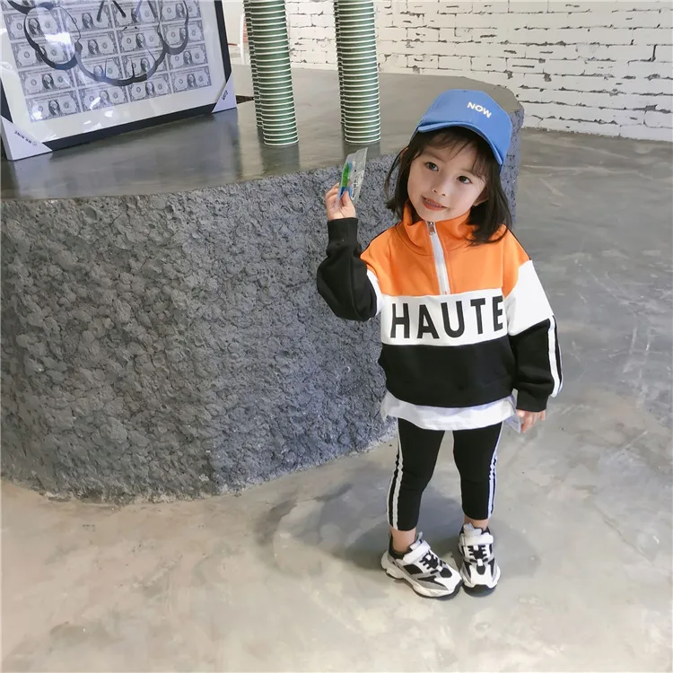 

New autumn Korean style hit color stand collar long-sleeved sweatshirt+long trousers sports set casual suit for girls