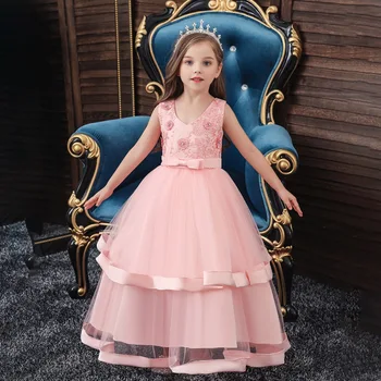 

Hot 2019 Kids Girls Party Wedding Embroidery Flower Sleeveless Dress Children Pageant Robes Formal Princess Dresses Hot