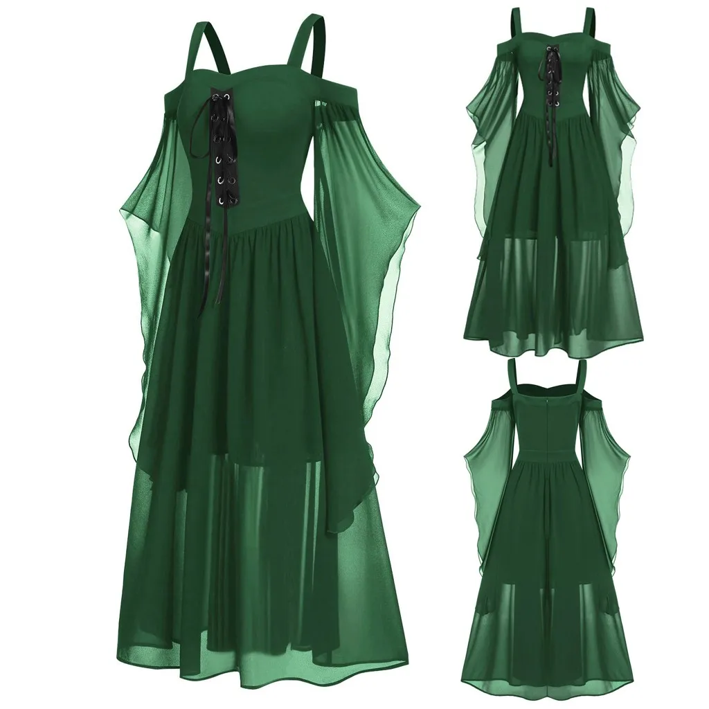 Womne Plus Size Cold Shoulder Butterflies Sleeve Lace Up Gothic Style Halloween Dress Halloween Dress Women Costume#3