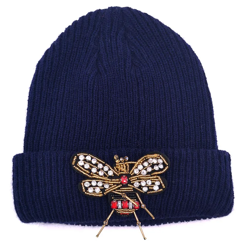 Brangdy Women Bee Knit Beanie Hat Winter Autumn for Ladies Slouchy Cotton Ribbed Skullies Beanies Cap Novelty Bonnet Femme Gorro - Цвет: Navy Blue