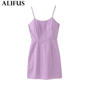 

Fashion Za Women's Dress 2019 Sexy Plaid Purple Chic Slash Collar Sleeveless Party Spaghetti Straps Dresses Ladies Vestidos